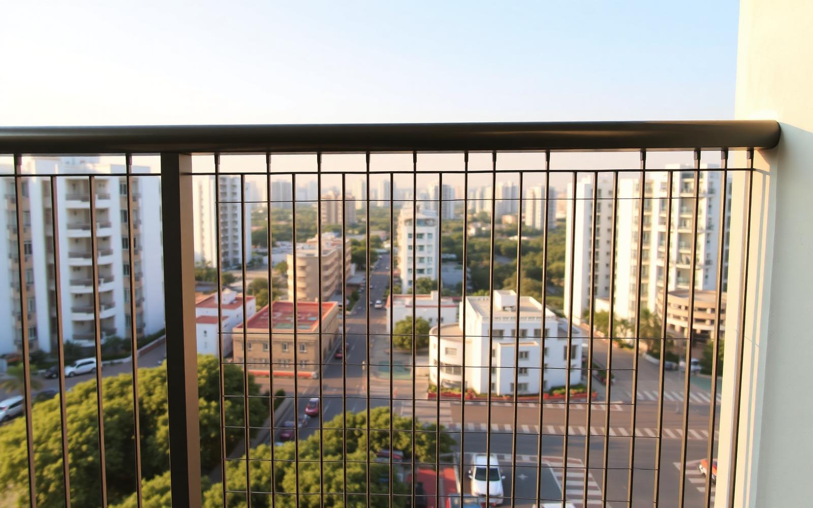 Invisible grill wires installed on an apartment balcony in Kompally with the view left unobstructed