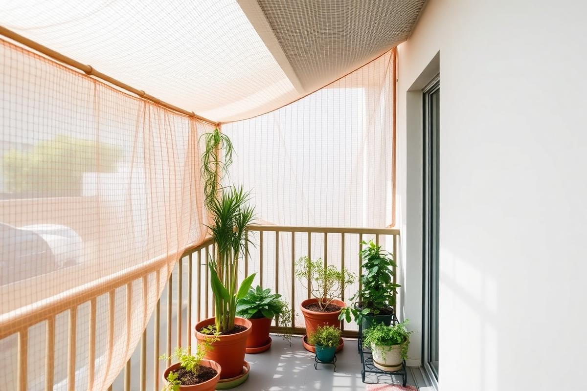 Balcony covered floor to ceiling with nylon safety net mesh in a Kompally flat