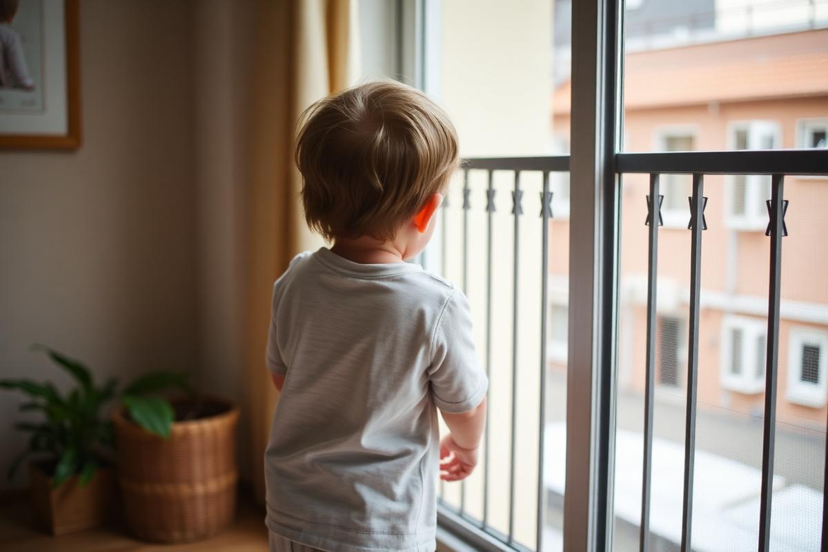 A child standing next to a balcony fitted with invisible grills for safety