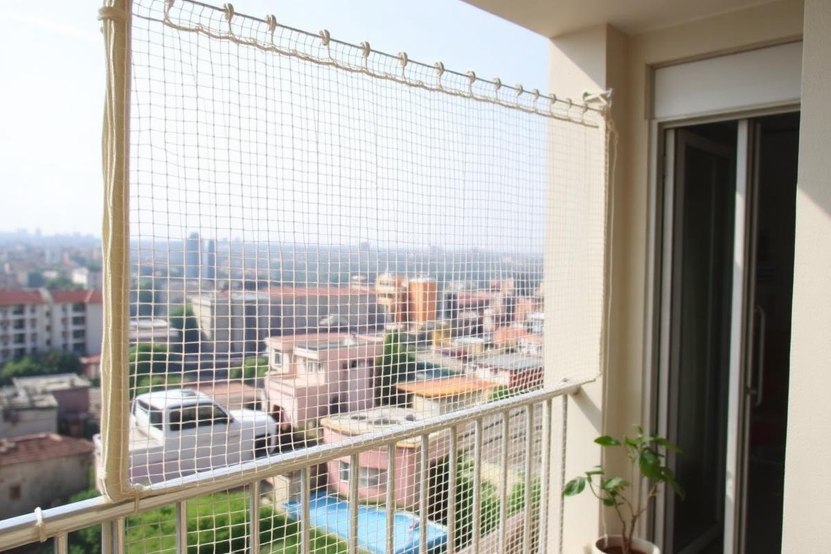 Nylon safety netting fitted across an open balcony in a Kompally apartment